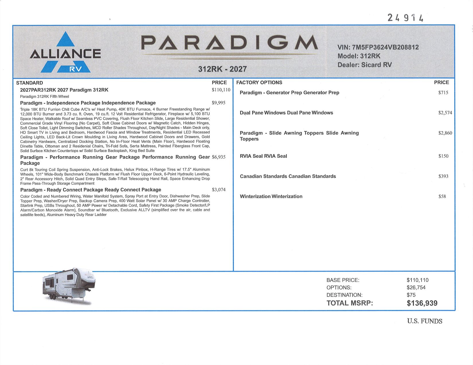 Buildsheet for 2027 ALLIANCE PARADIGM 312RK