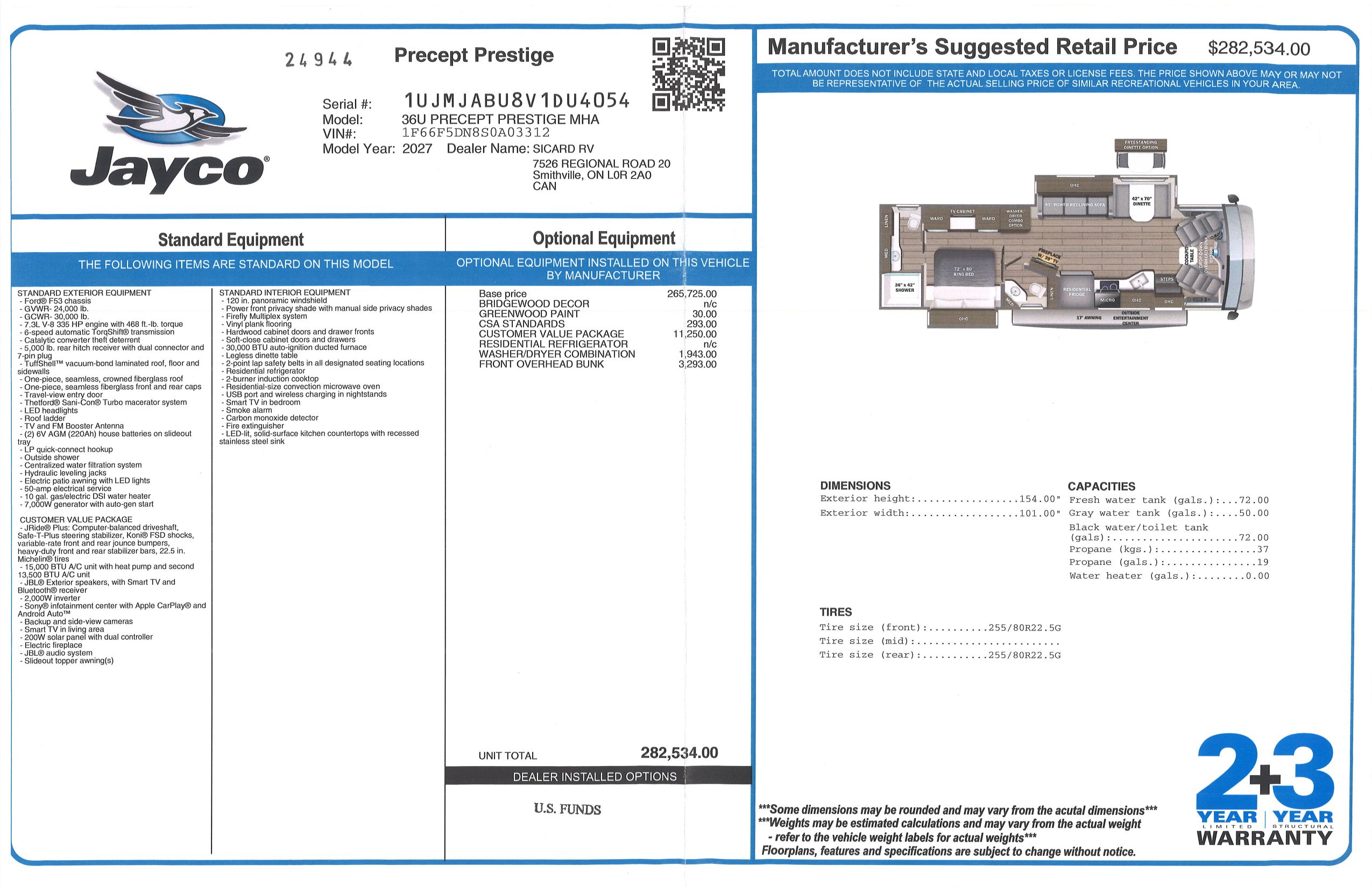 Buildsheet for 2027 JAYCO PRECEPT PRESTIGE 36U