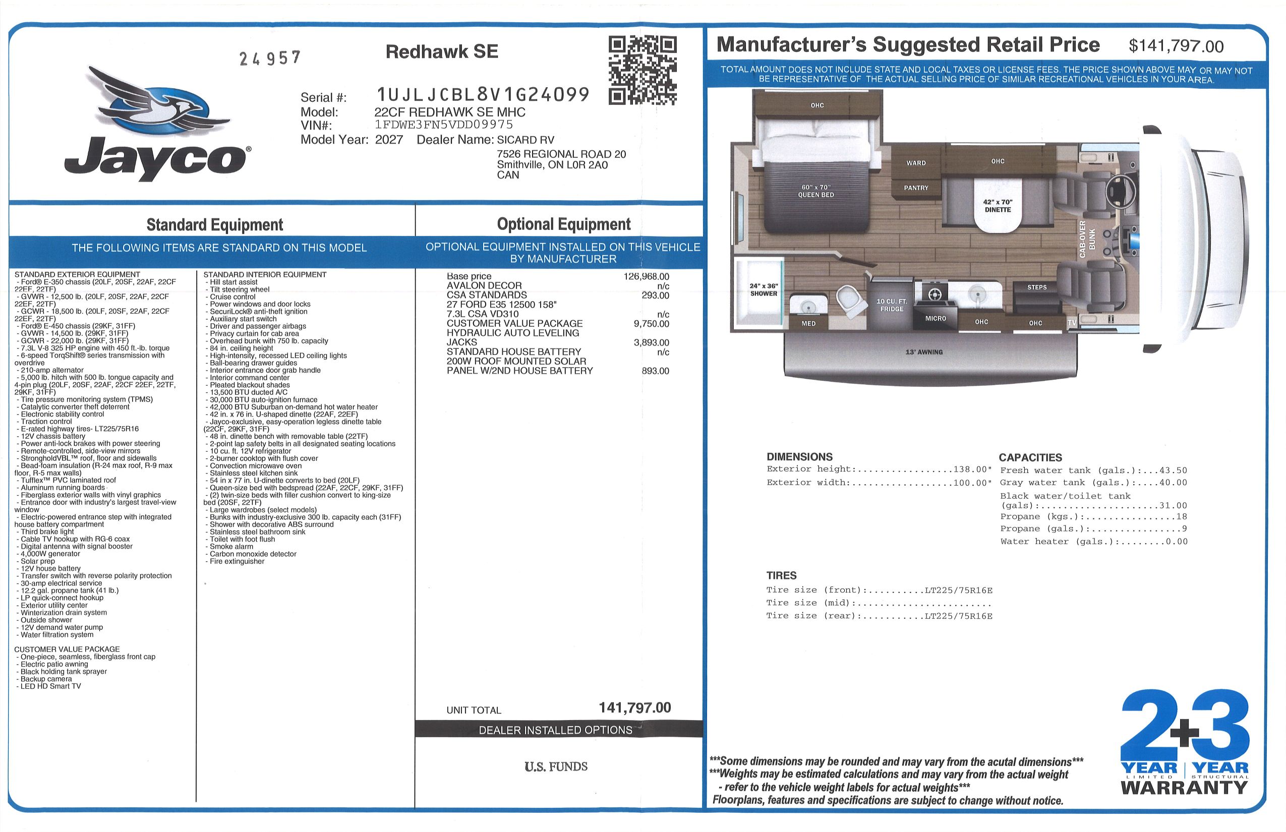 Buildsheet for 2027 JAYCO REDHAWK SE 22CF
