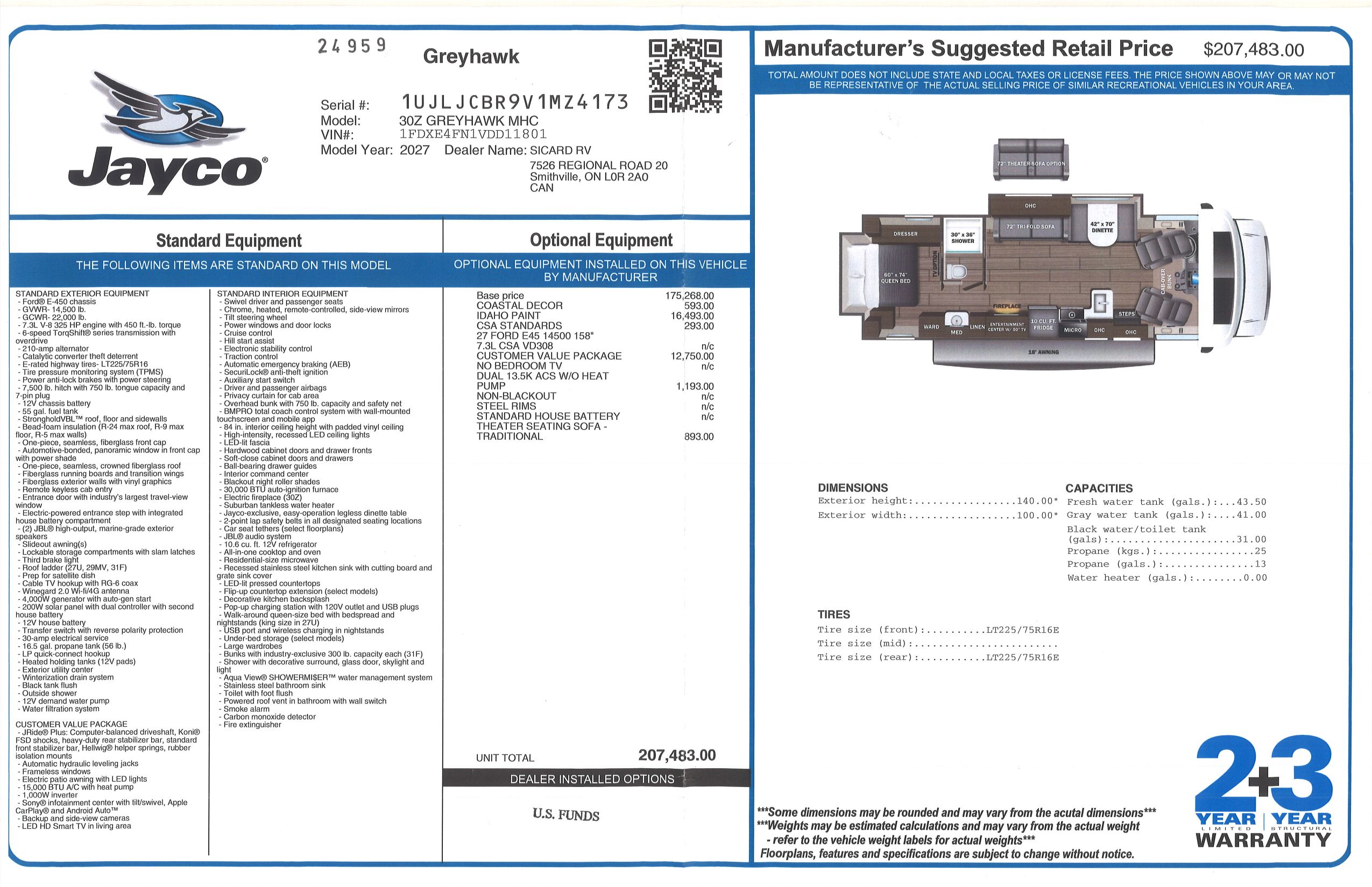 Buildsheet for 2027 JAYCO GREYHAWK 30Z