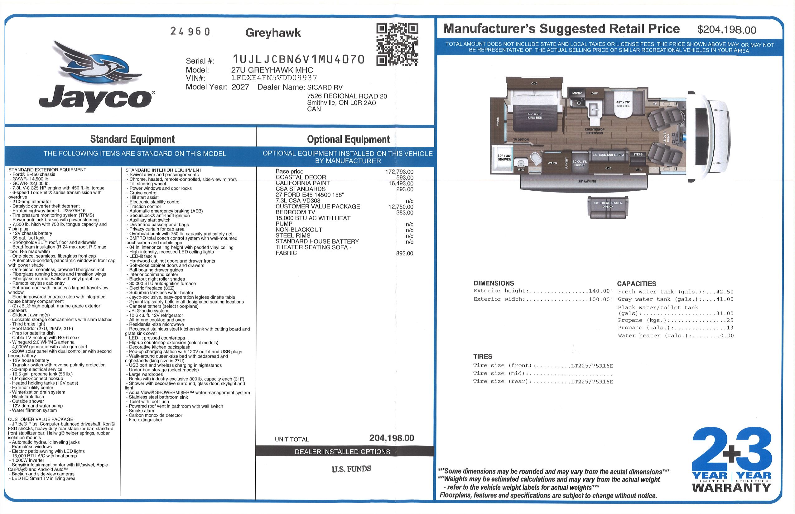 Buildsheet for 2027 JAYCO GREYHAWK 27U