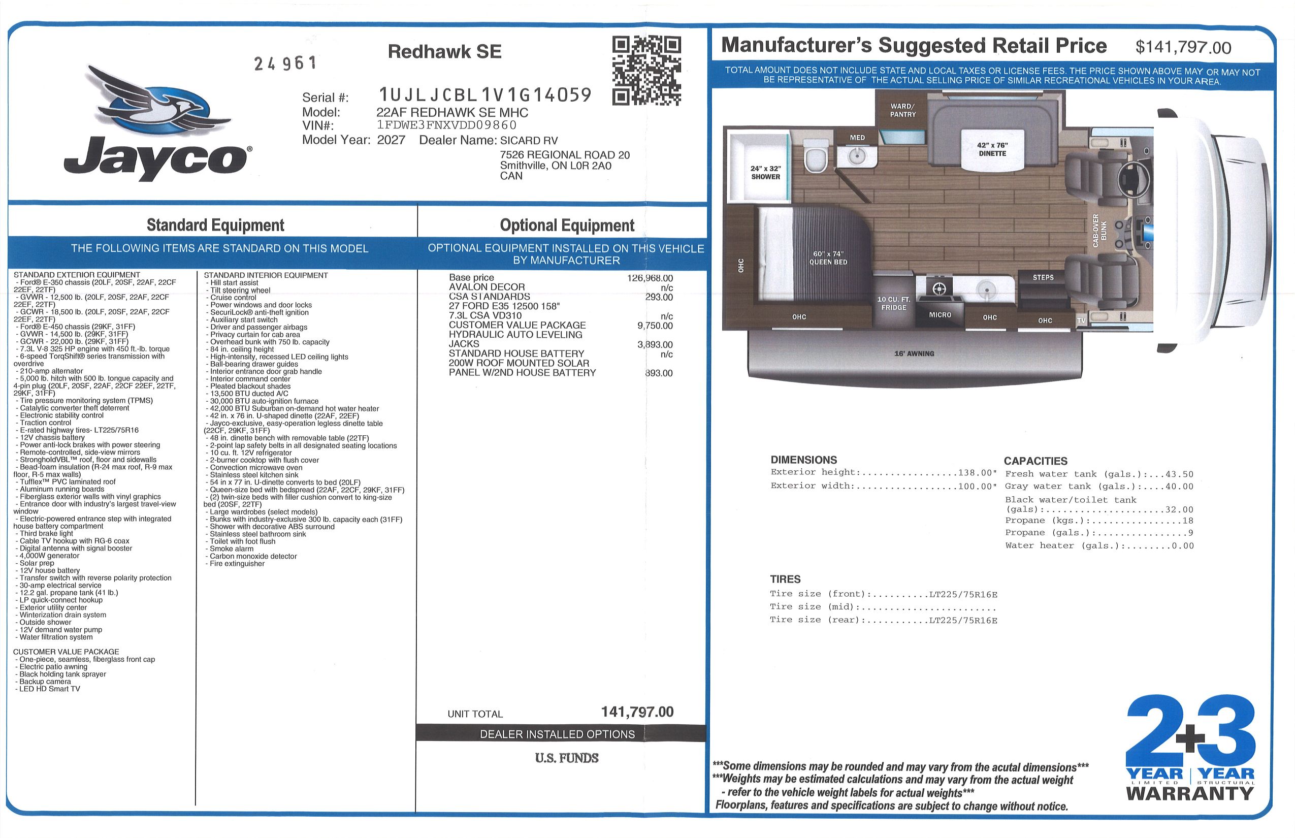 Buildsheet for 2027 JAYCO REDHAWK SE 22AF