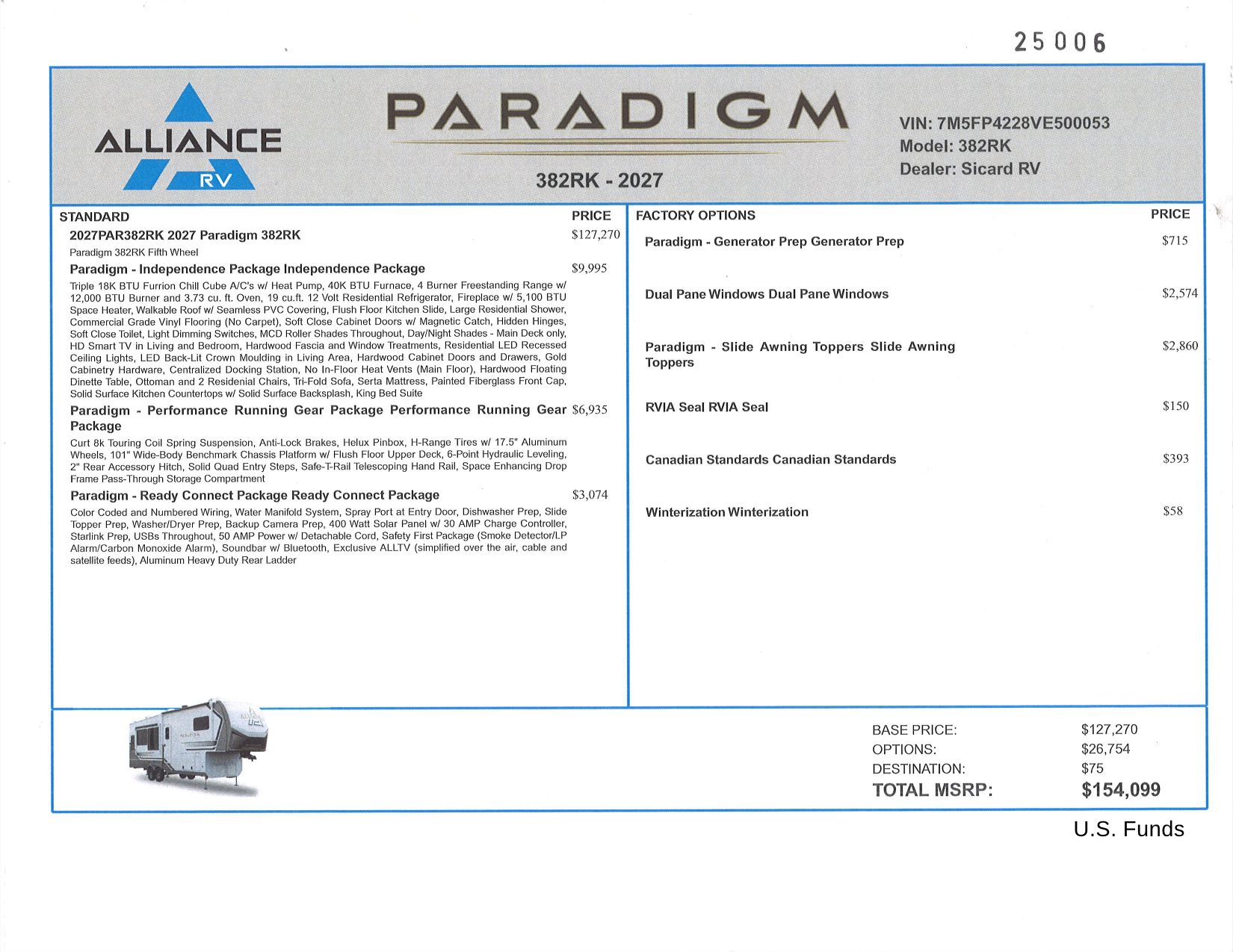 Buildsheet for 2027 ALLIANCE PARADIGM 382RK