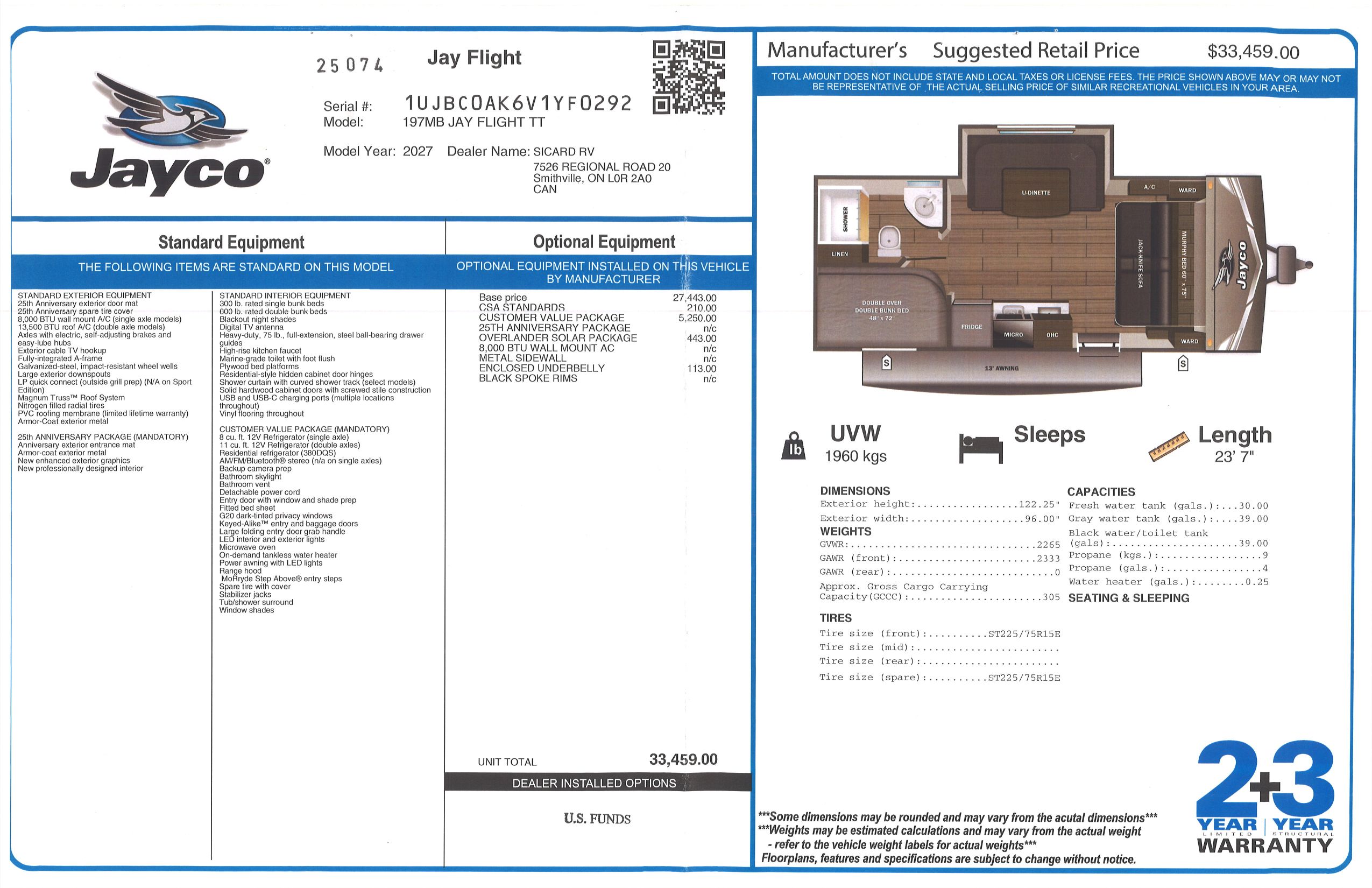 Buildsheet for 2027 JAYCO JAY FLIGHT 197MB