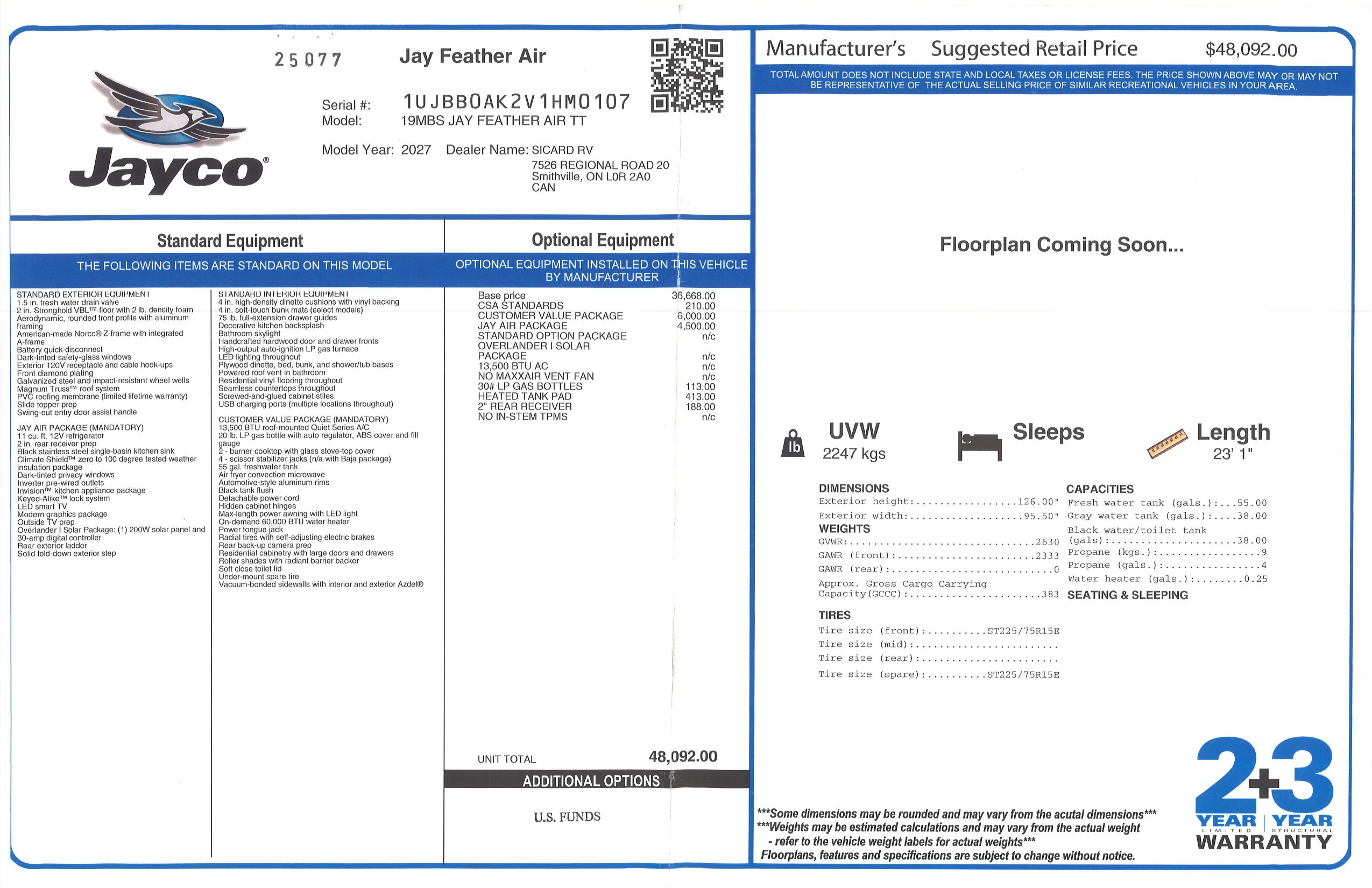 Buildsheet for 2027 JAYCO JAY FEATHER AIR 19MBS