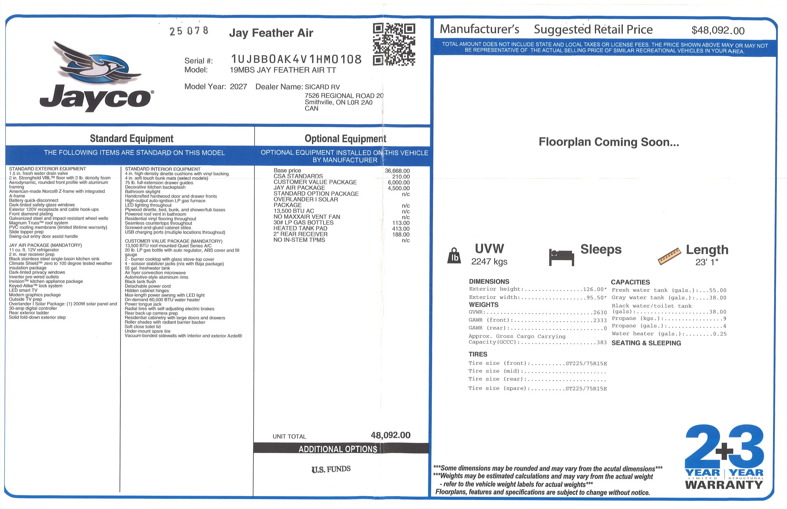 Buildsheet for 2027 JAYCO JAY FEATHER AIR 19MBS