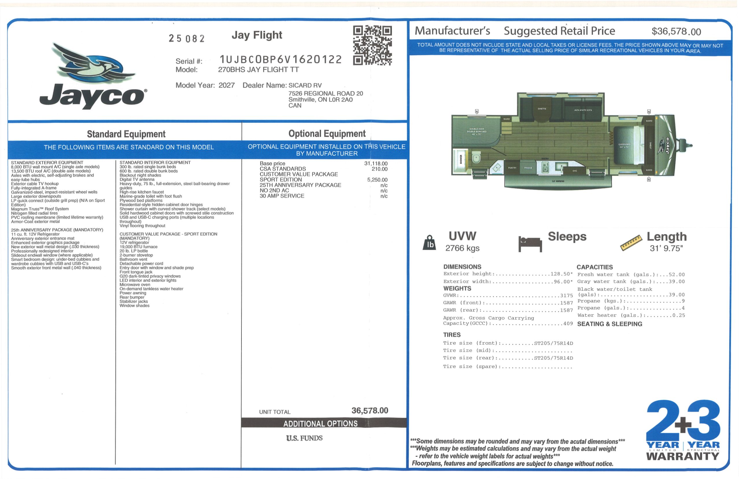 Buildsheet for 2027 JAYCO JAY FLIGHT SPORT 270BHS