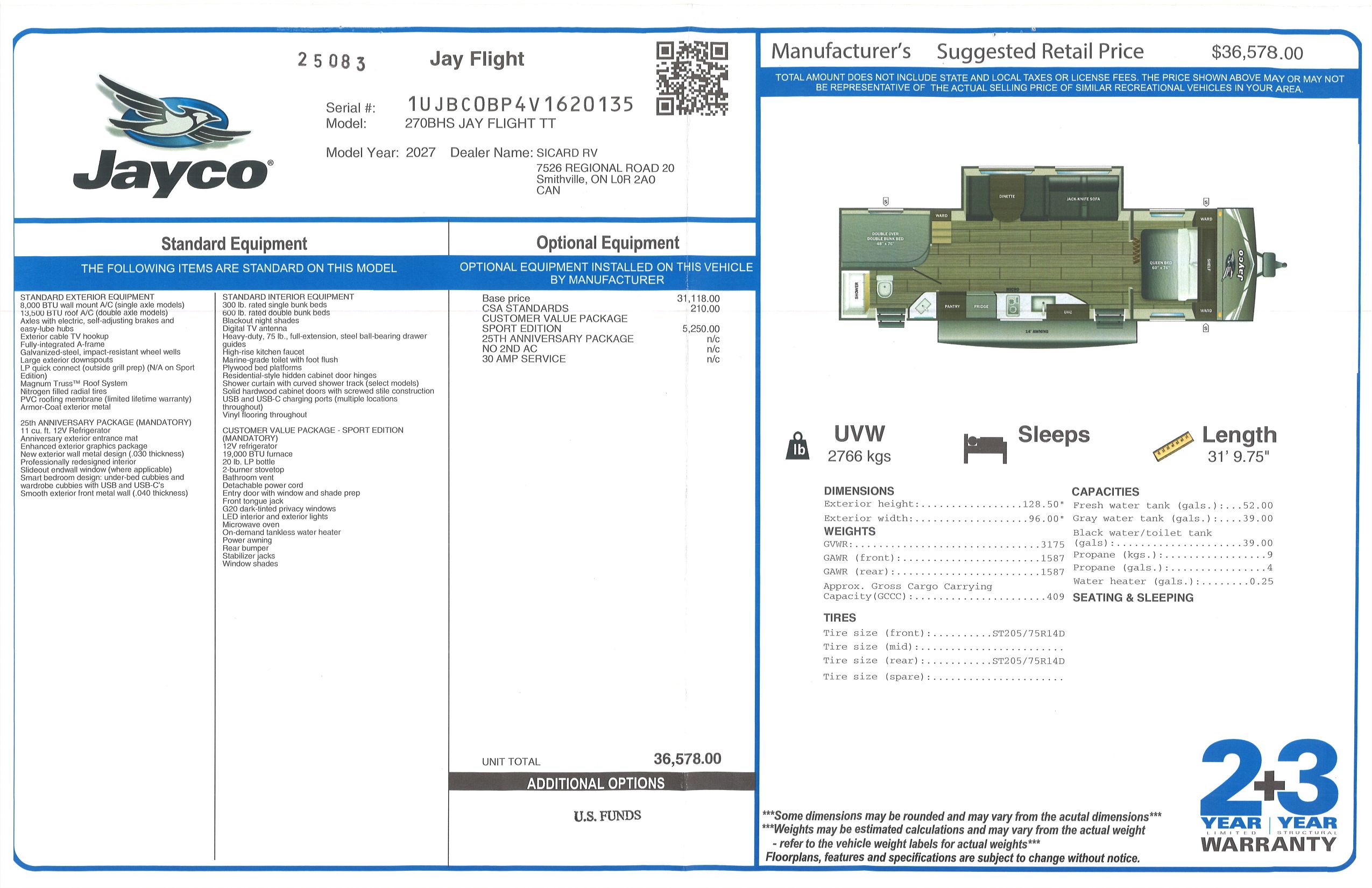 Buildsheet for 2027 JAYCO JAY FLIGHT SPORT 270BHS