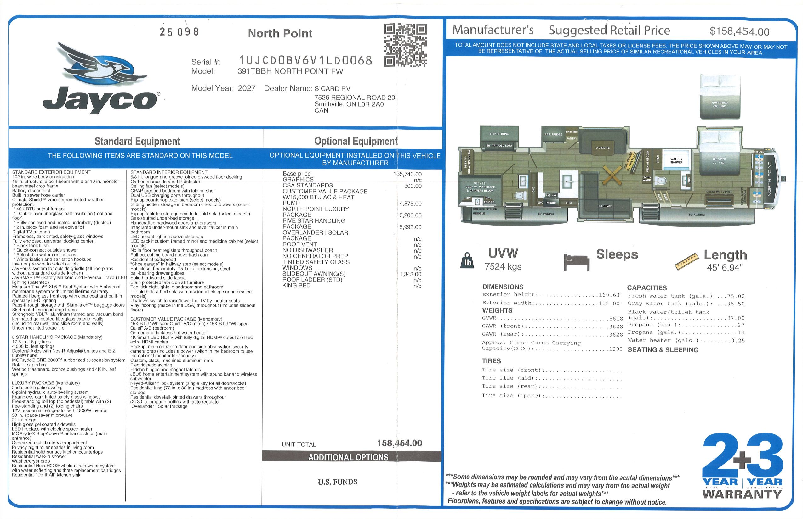 Buildsheet for 2027 JAYCO NORTH POINT 391TBBH