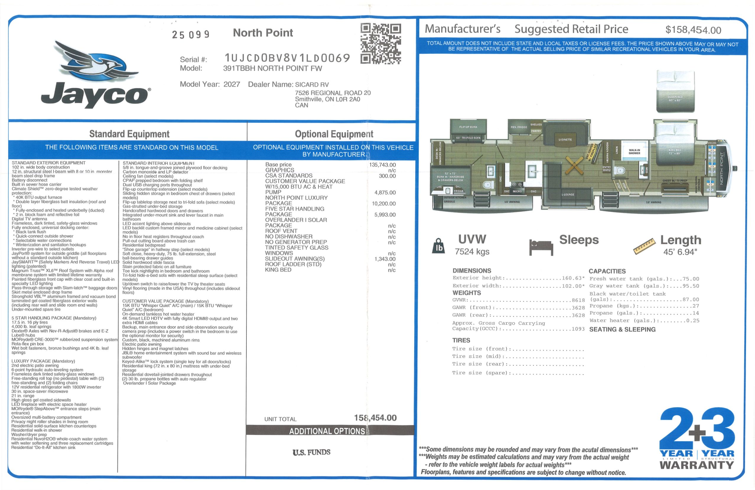 Buildsheet for 2027 JAYCO NORTH POINT 391TBBH