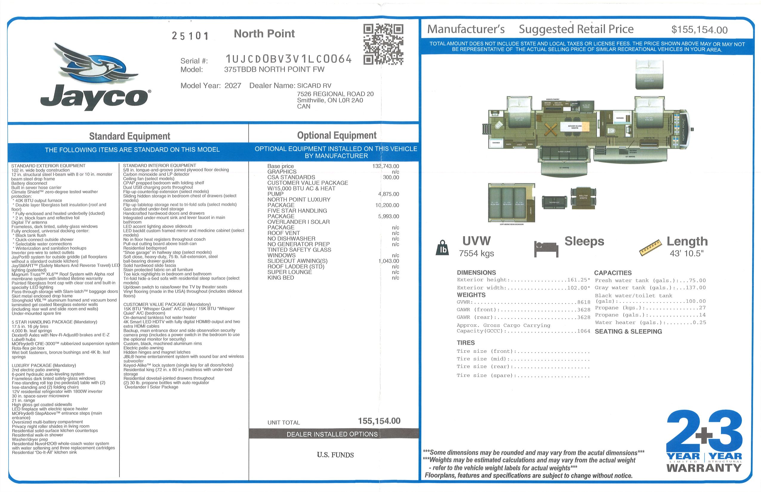Buildsheet for 2027 JAYCO NORTH POINT 375TBDB
