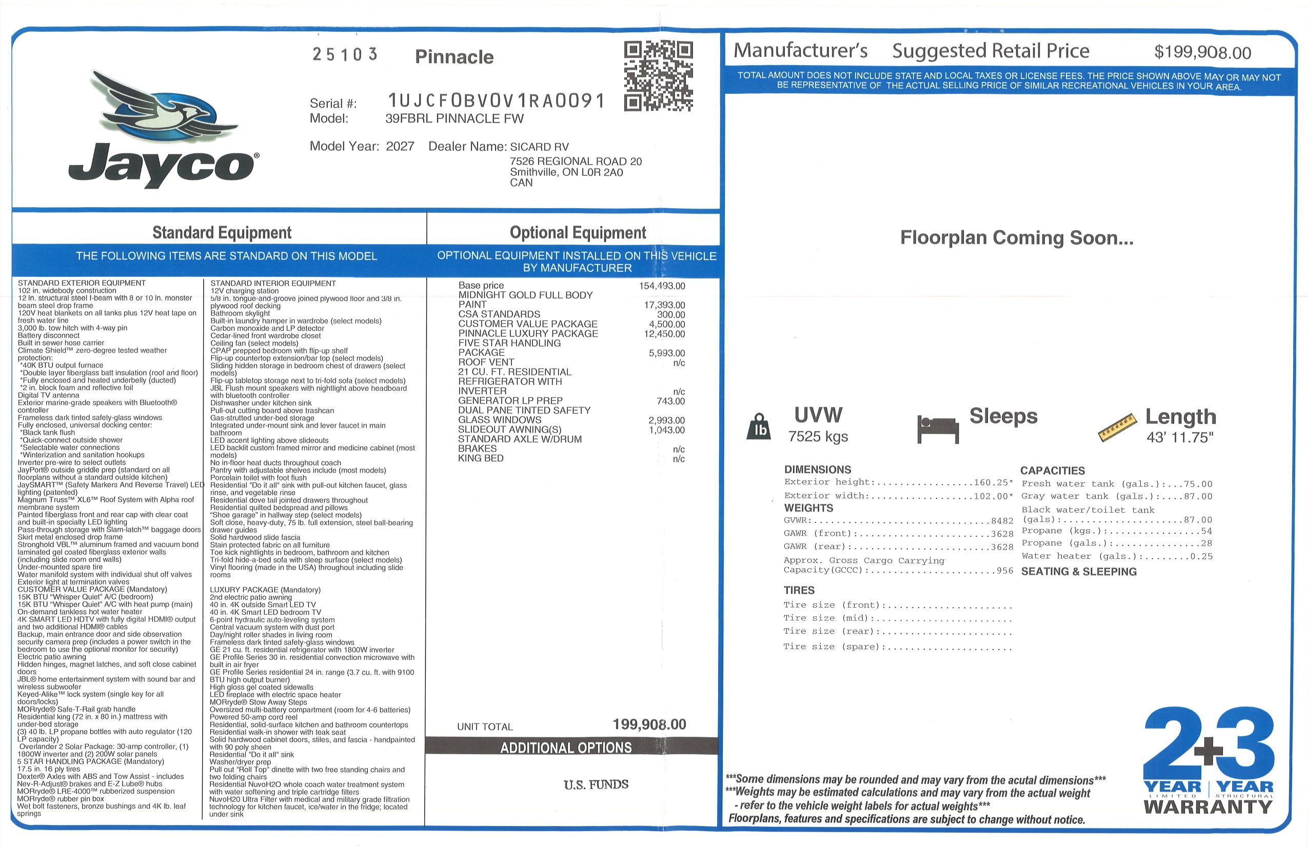 Buildsheet for 2027 JAYCO PINNACLE 39FBRL