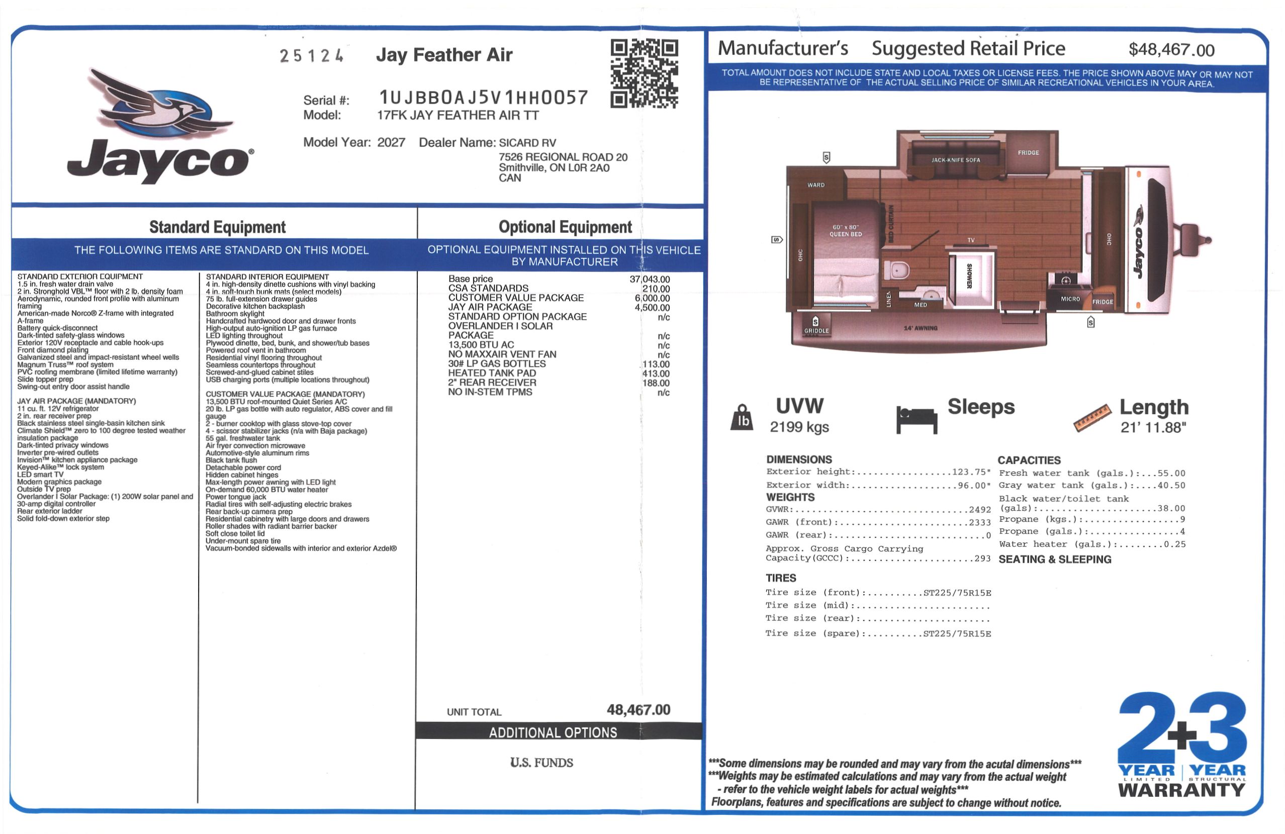 Buildsheet for 2027 JAYCO JAY FEATHER AIR 17FK