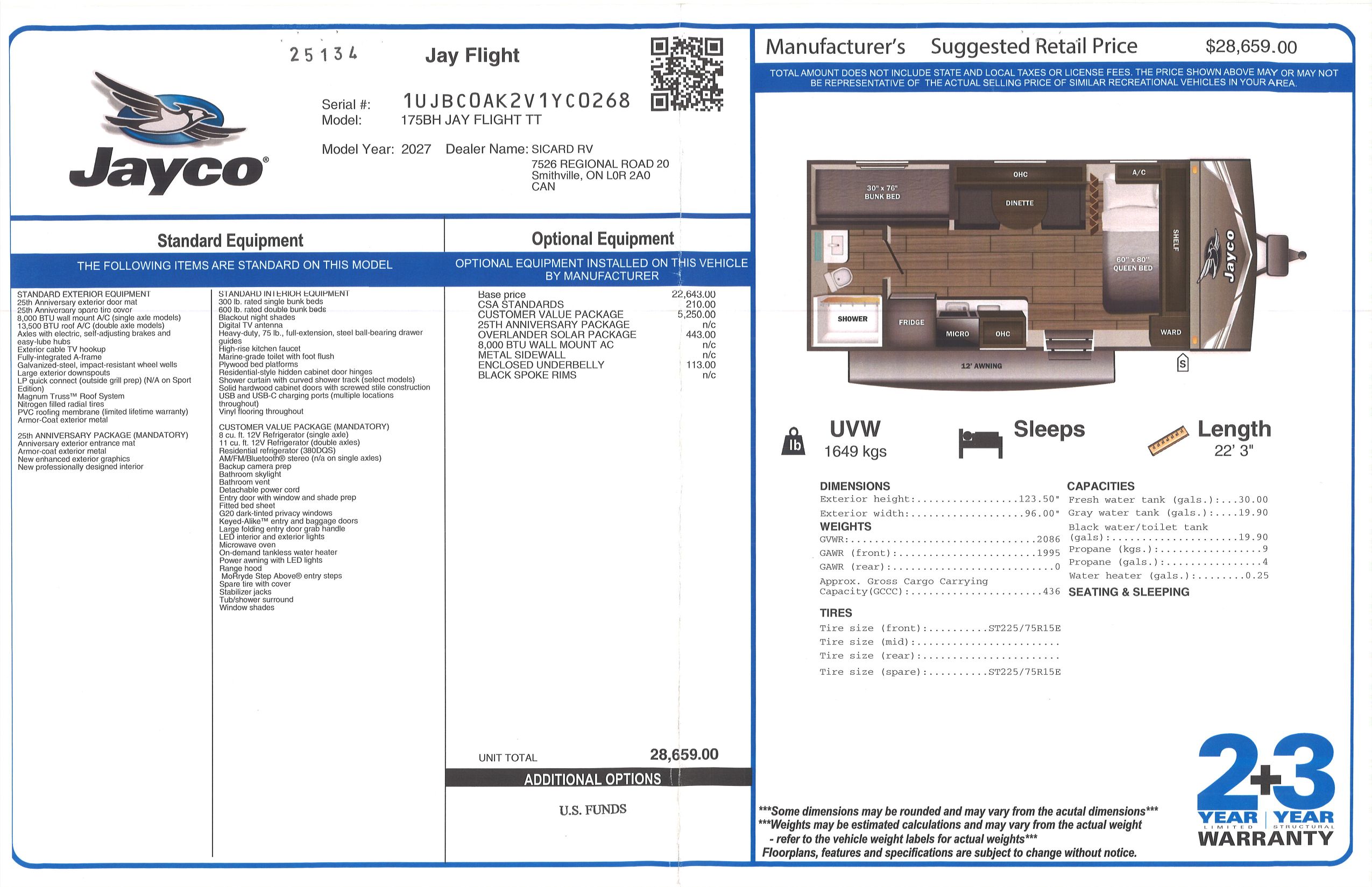 Buildsheet for 2027 JAYCO JAY FLIGHT 175BH
