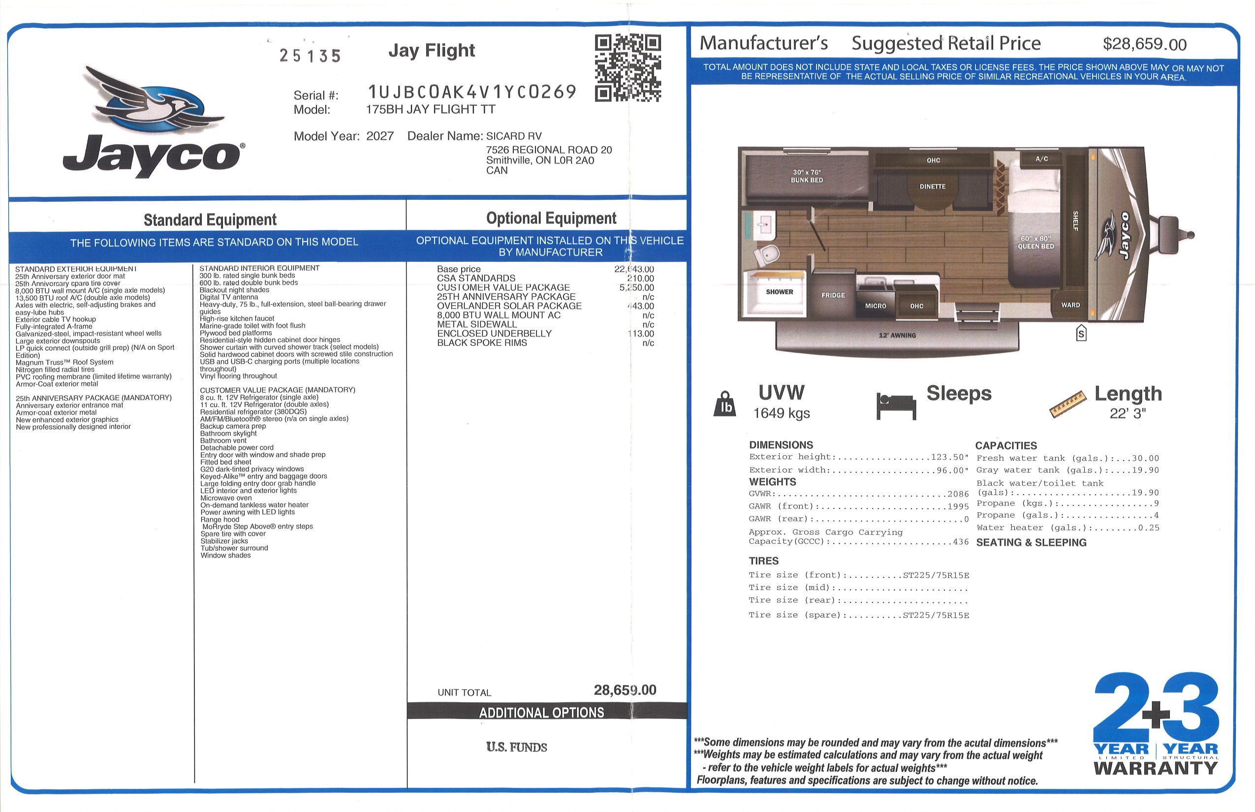 Buildsheet for 2027 JAYCO JAY FLIGHT 175BH