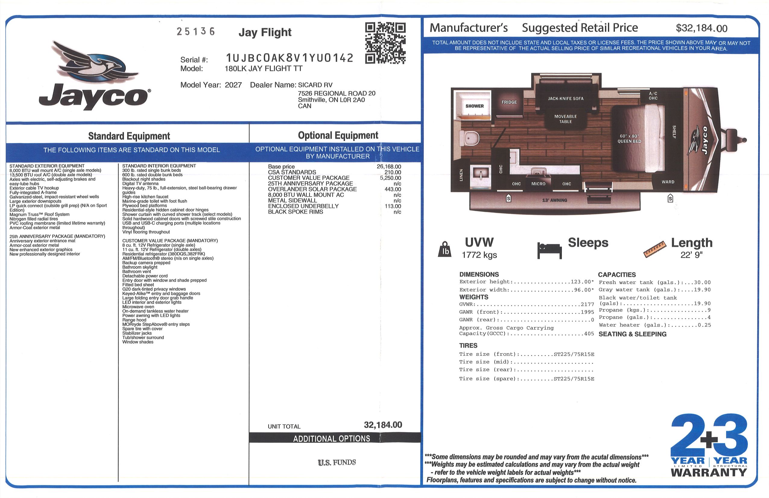 Buildsheet for 2027 JAYCO JAY FLIGHT 180LK