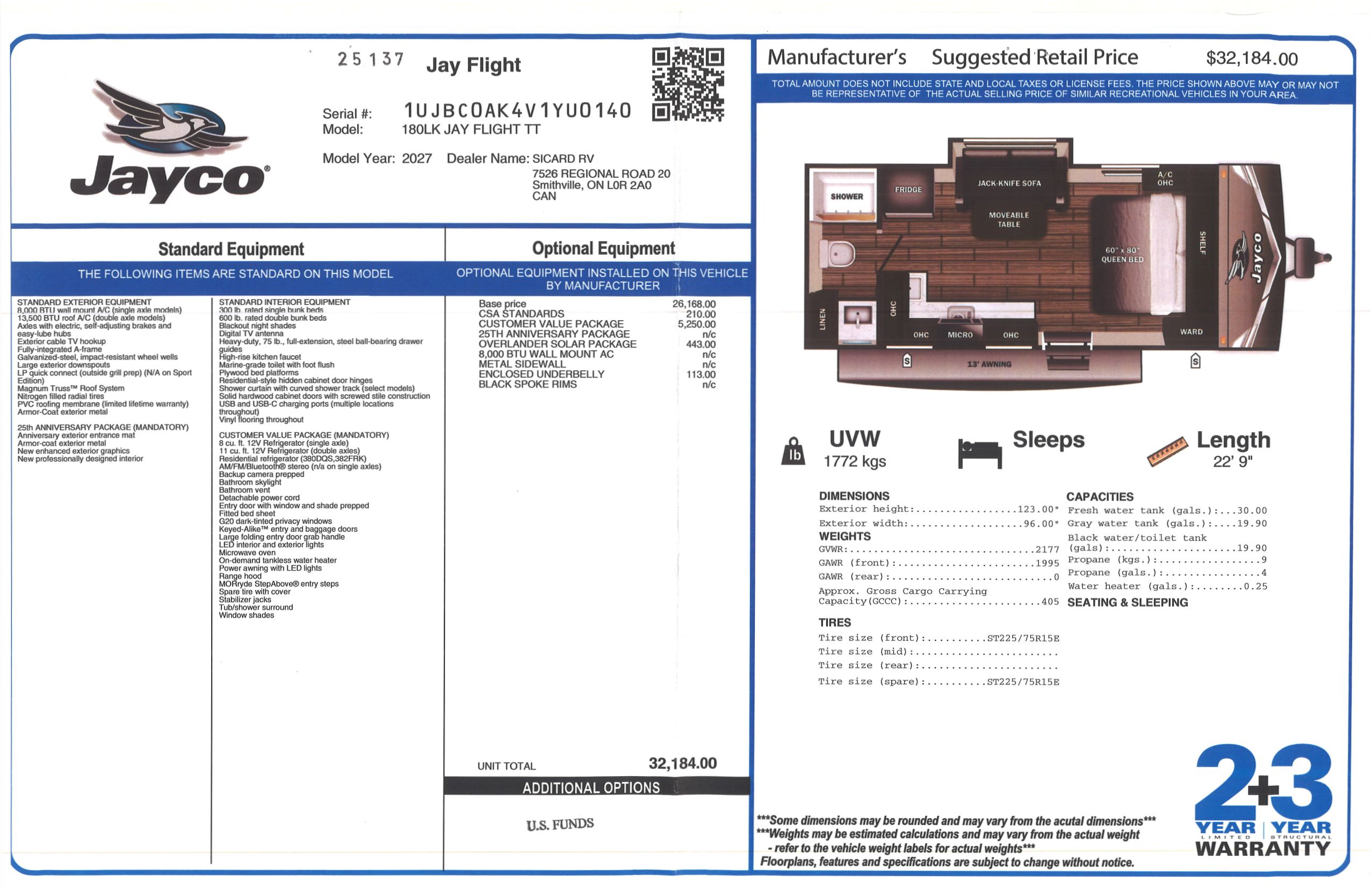 Buildsheet for 2027 JAYCO JAY FLIGHT 180LK