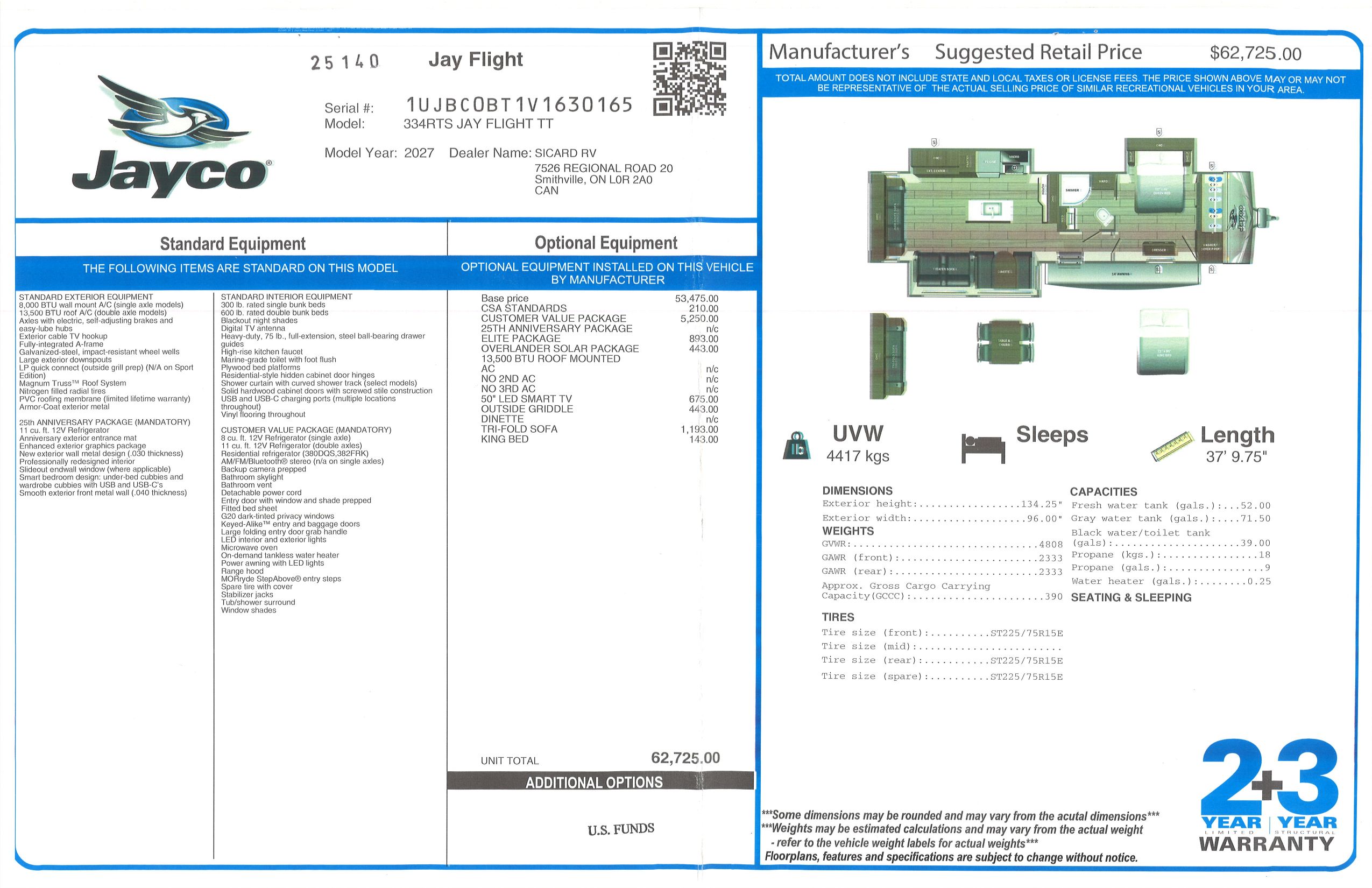 Buildsheet for 2027 JAYCO JAY FLIGHT 334RTS