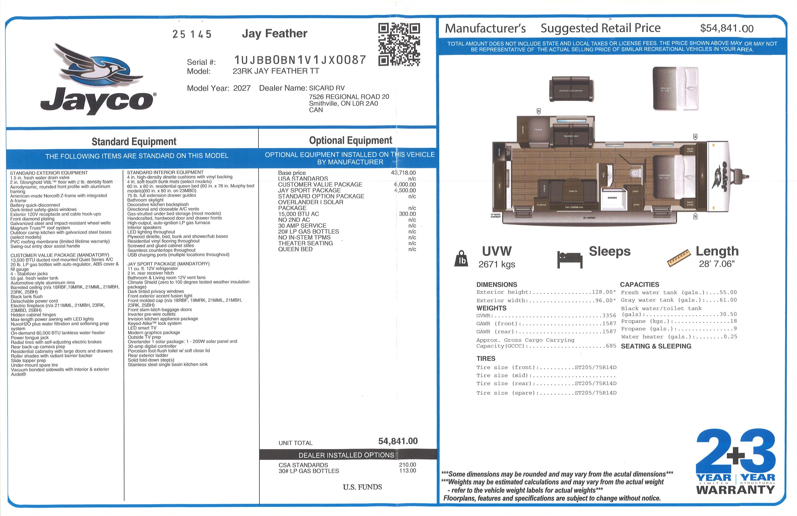 Buildsheet for 2027 JAYCO JAY FEATHER 23RK
