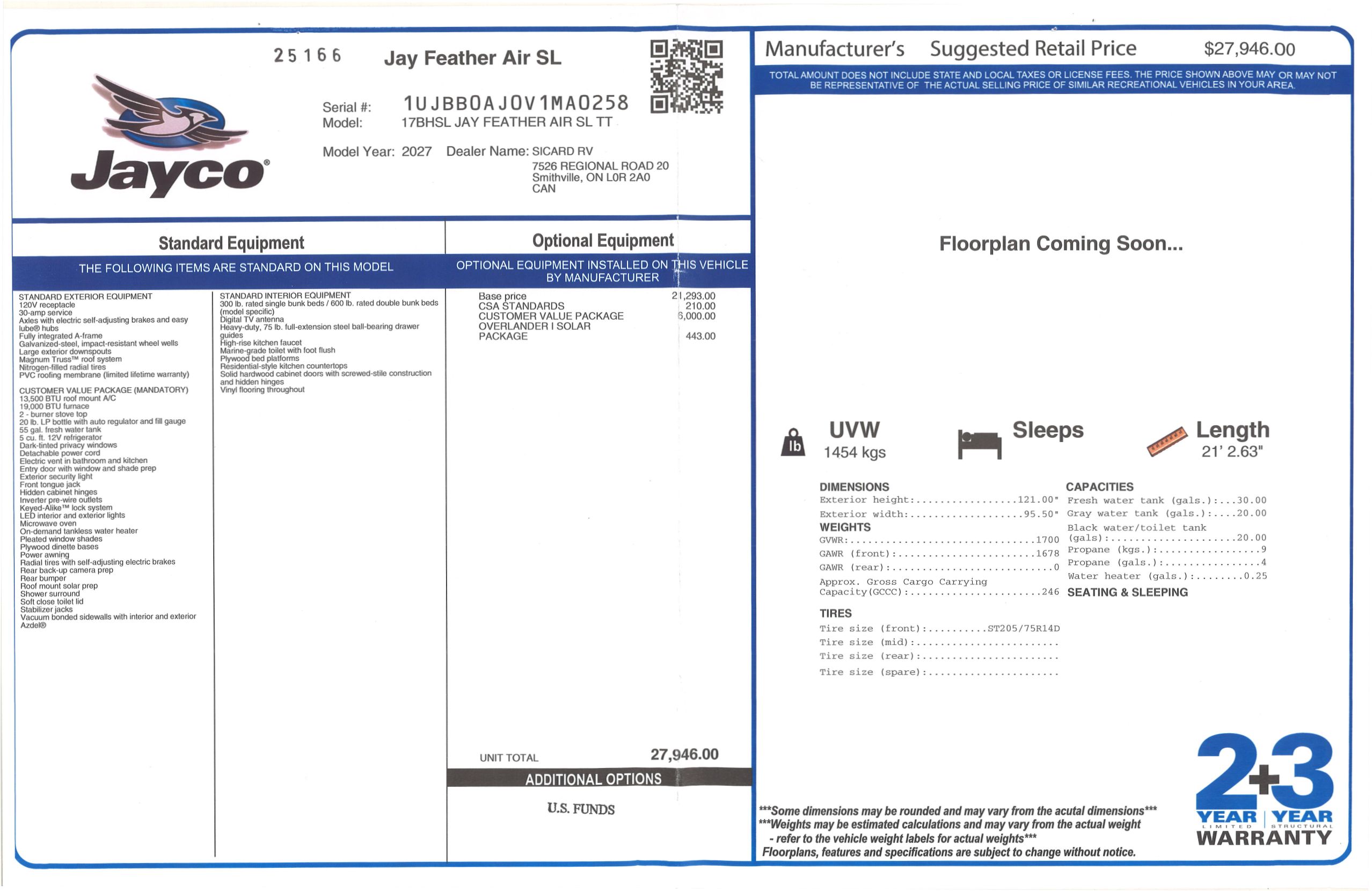 Buildsheet for 2027 JAYCO JAY FEATHER AIR SUPER LITE 17BHSL