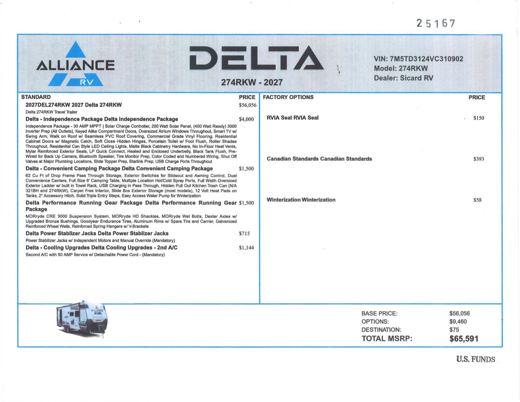 Buildsheet for 2027 ALLIANCE DELTA 274RKW