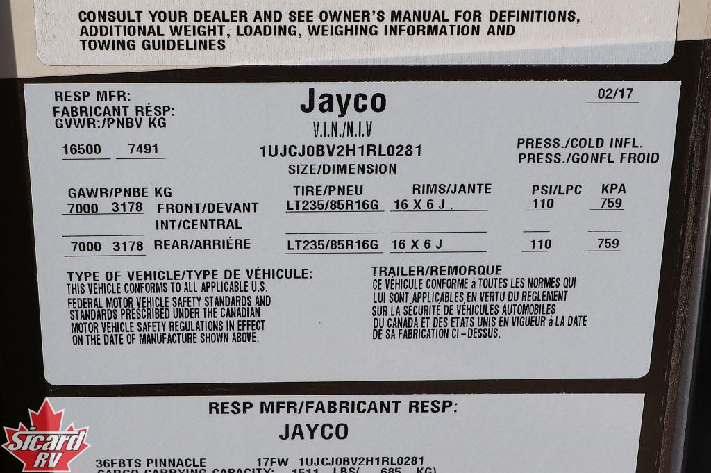 2017 JAYCO PINNACLE 36FBTS