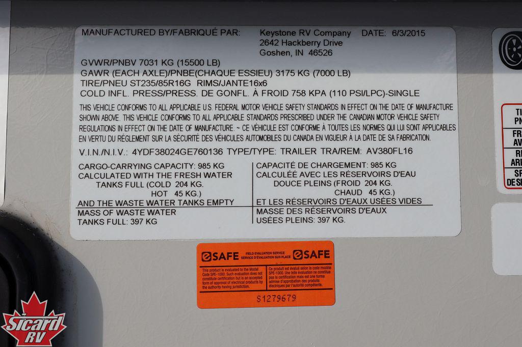 2016 KEYSTONE AVALANCHE 380FL