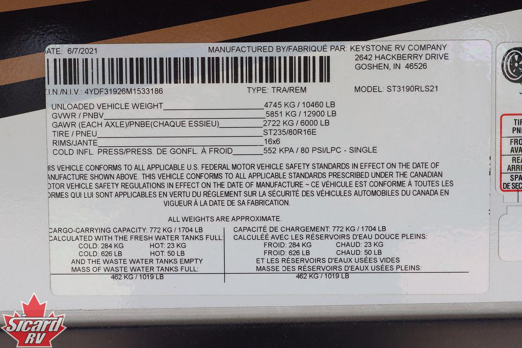 2021 KEYSTONE SPRINTER LIMITED 3190RLS