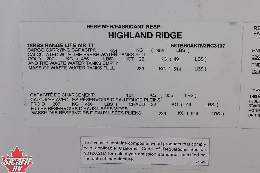 2022 HIGHLAND RIDGE OPEN RANGE AIR LITE 18RBS