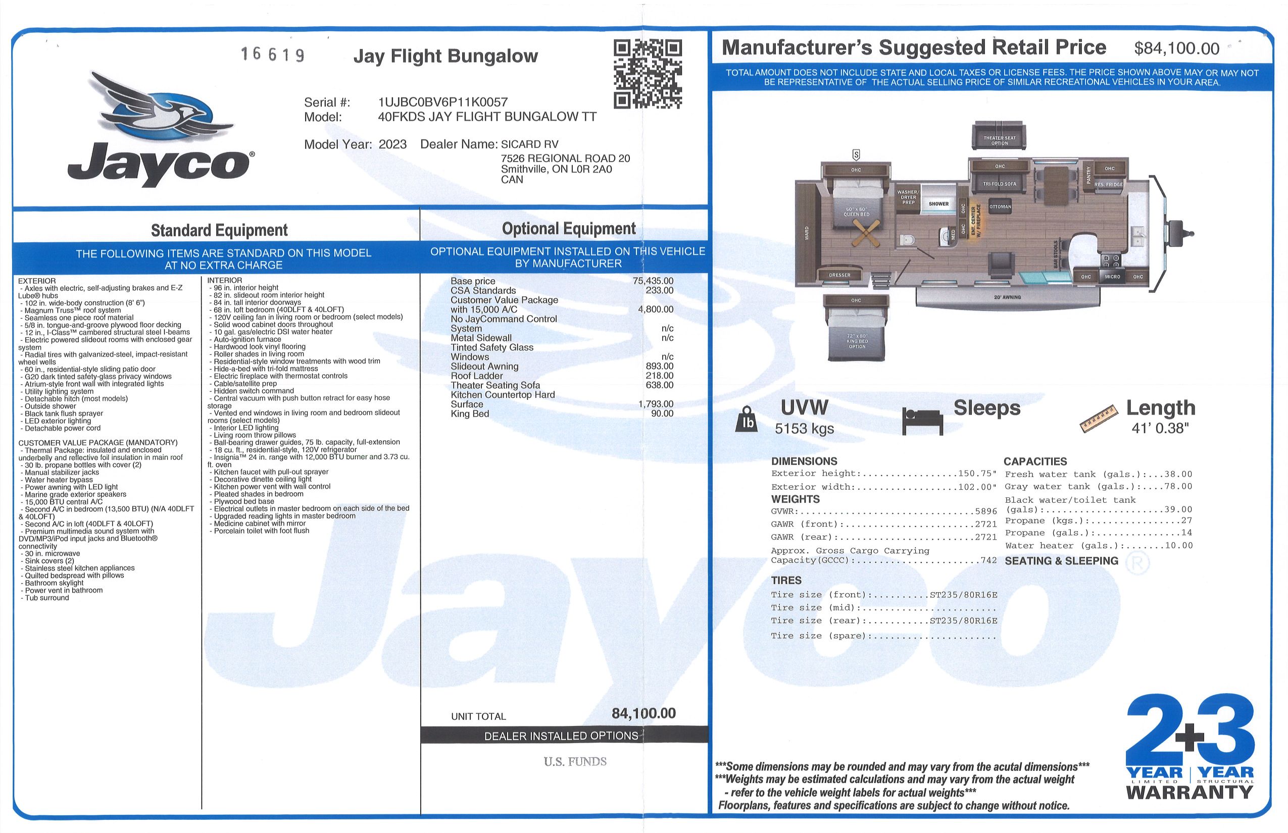 Buildsheet for 2023 JAYCO JAY FLIGHT BUNGALOW 40FKDS
