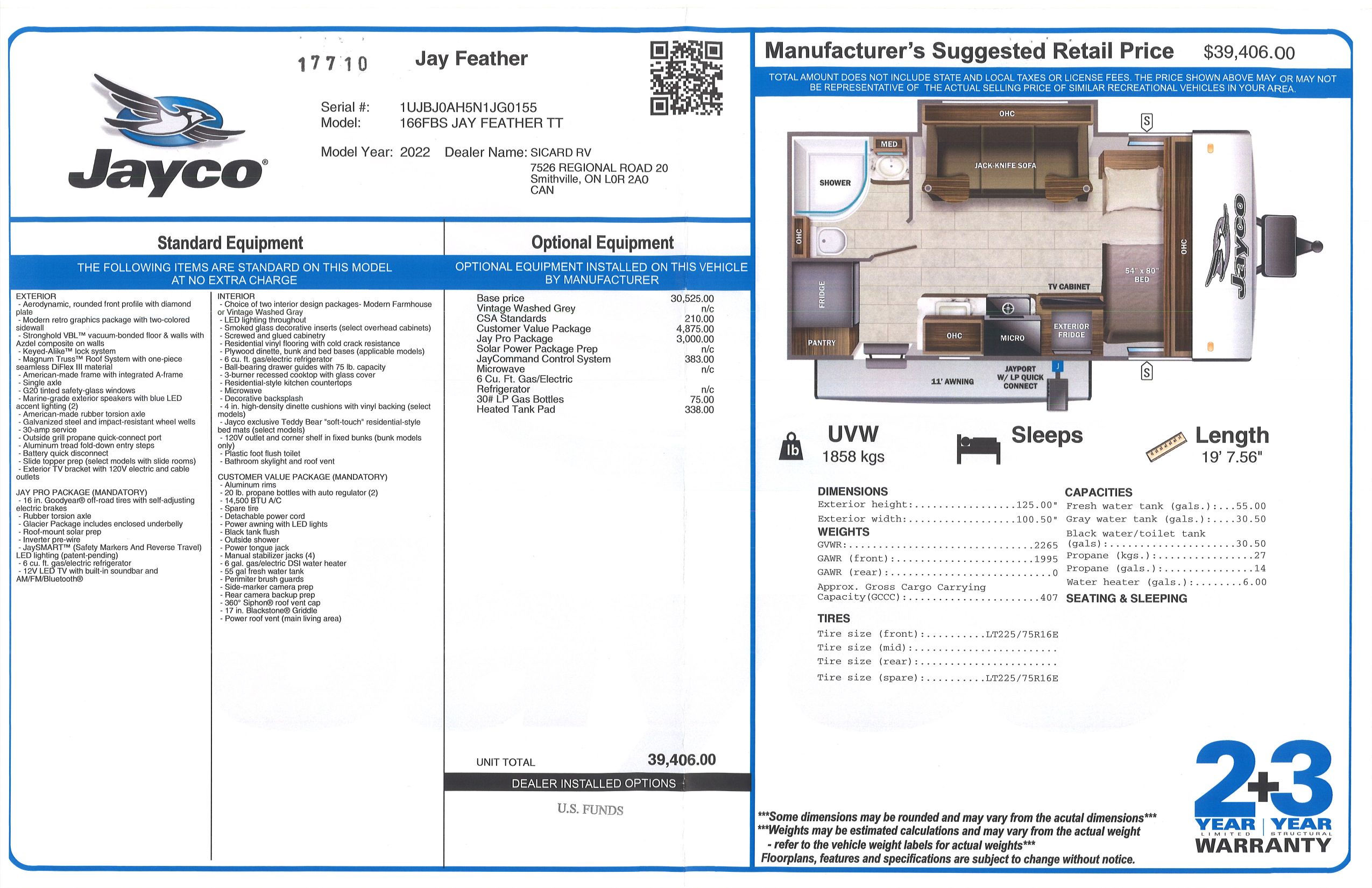 Buildsheet for 2022 JAYCO JAY FEATHER MICRO 166FBS