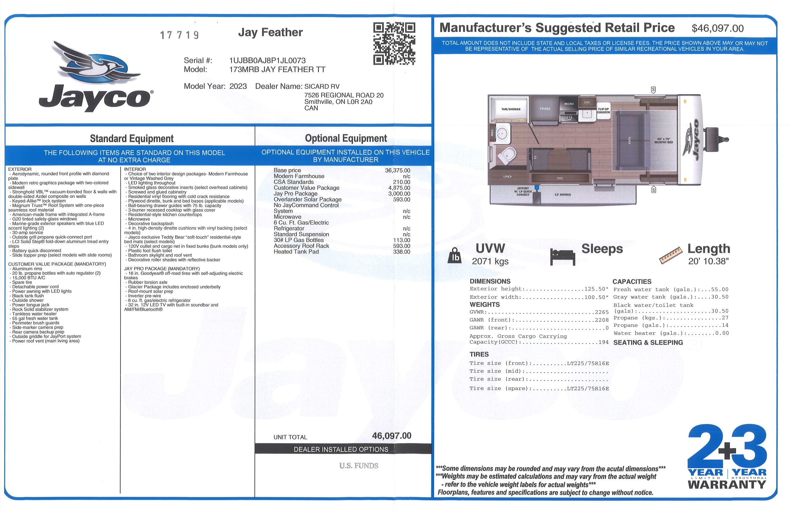 Buildsheet for 2023 JAYCO JAY FEATHER MICRO 173MRB