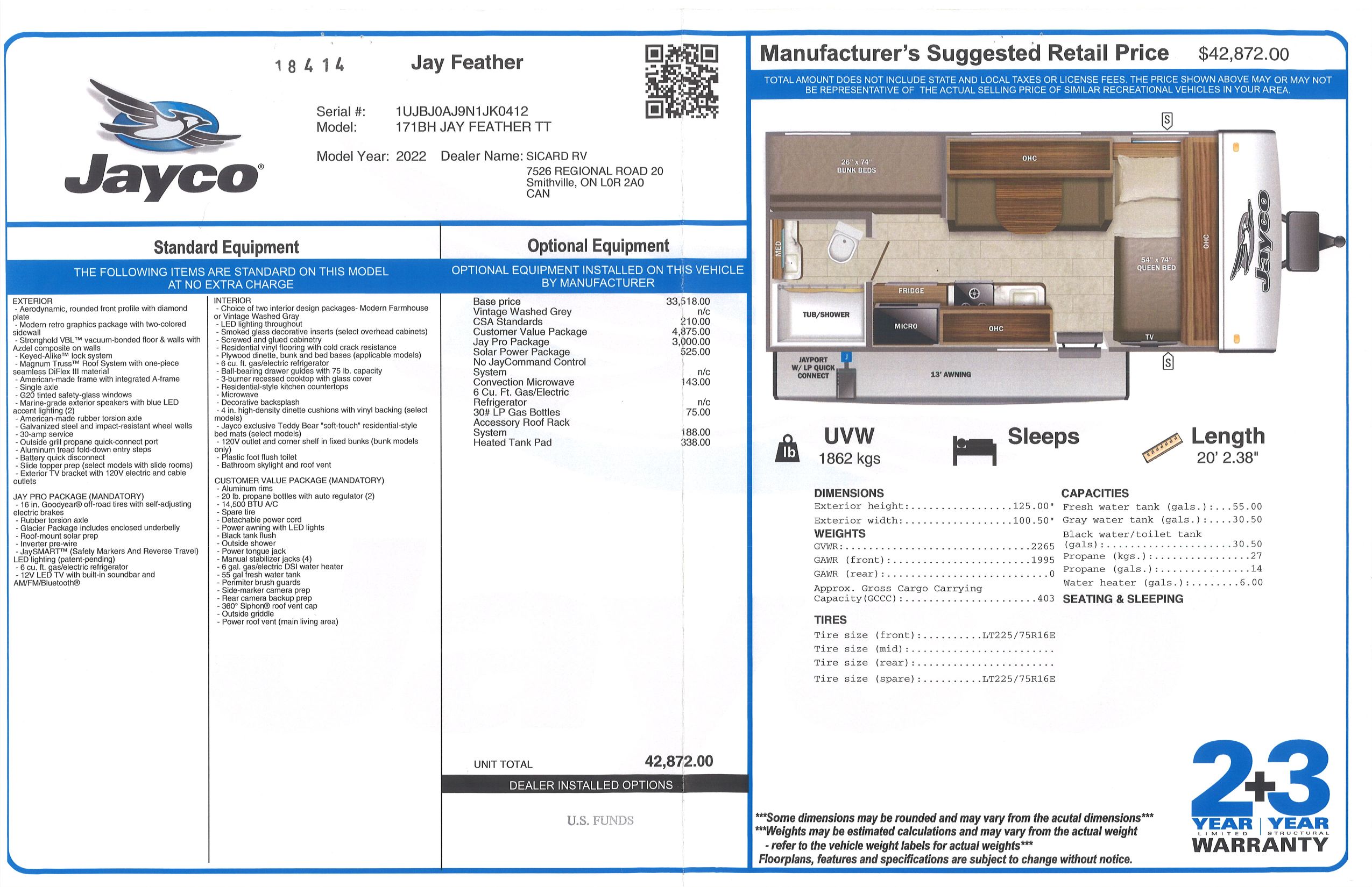 Buildsheet for 2022 JAYCO JAY FEATHER MICRO 171BH
