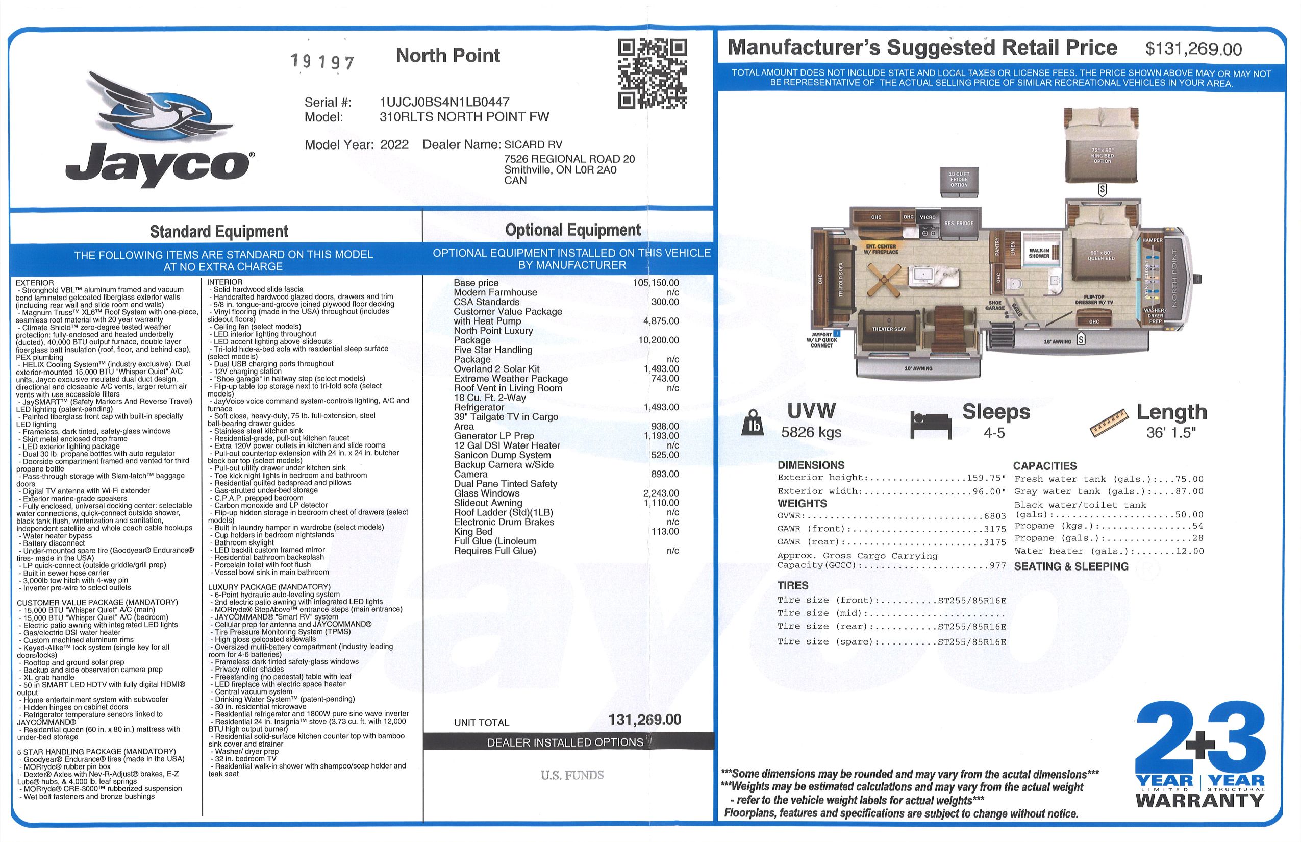 Buildsheet for 2022 JAYCO NORTH POINT 310RLTS