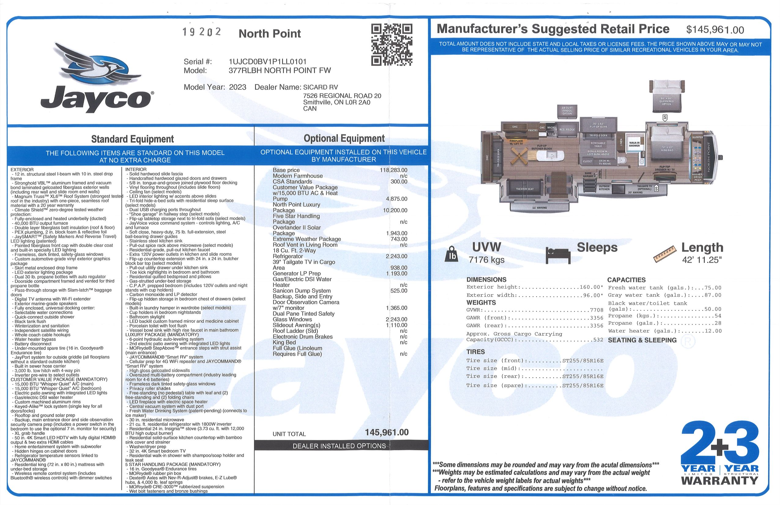 Buildsheet for 2023 JAYCO NORTH POINT 377RLBH