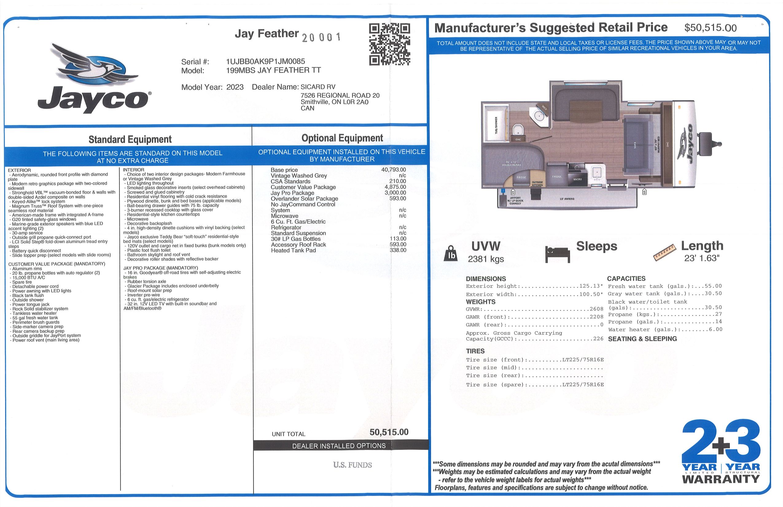 Buildsheet for 2023 JAYCO JAY FEATHER MICRO 199MBS