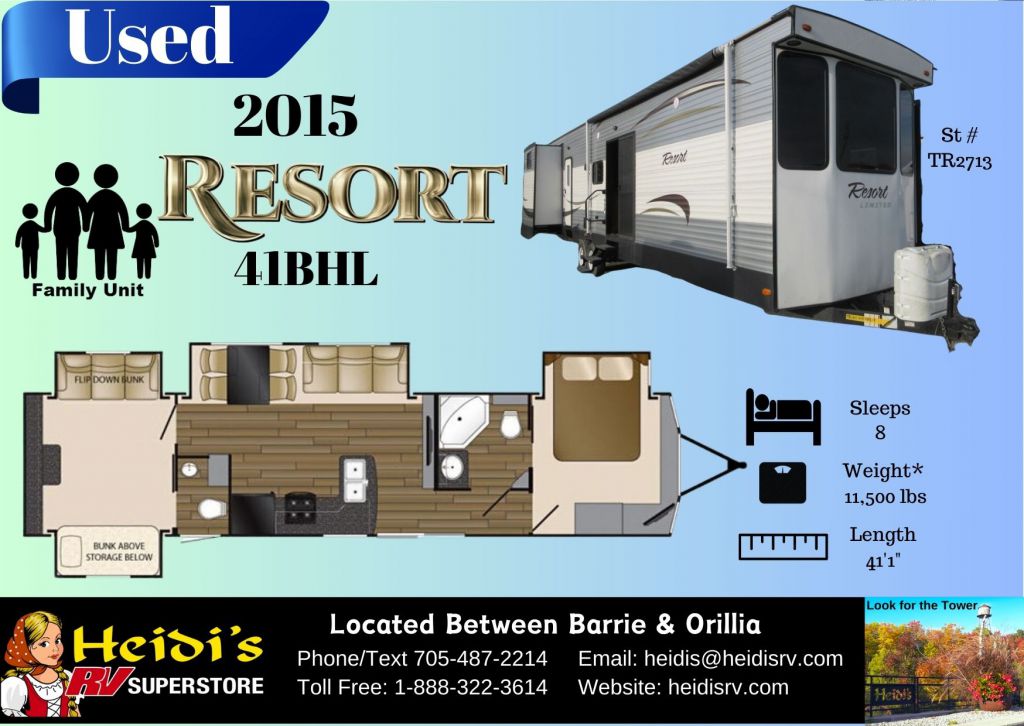 2015 HEARTLAND RESORT 41BHL (BUNKS, 1 + 1/2 BATH)