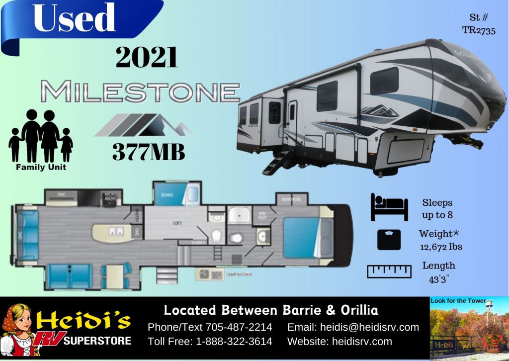 2021 HEARTLAND MILESTONE 377MB (MID. BUNKS, LOFT, 1 + 1/2 BATH, OUT. KIT.)